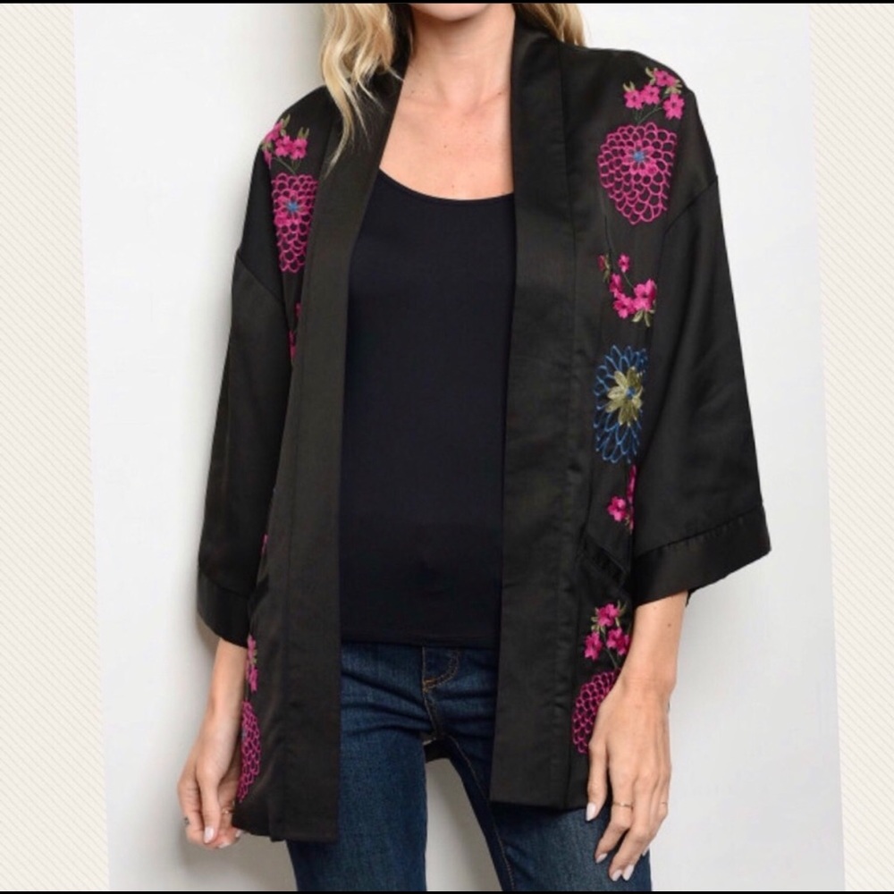 Cosima embroidered satin kimono jacket cover up - Picture 2 of 8